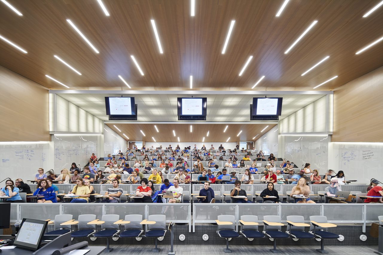Students sit in a large lecture hall in Gray-Little Hall